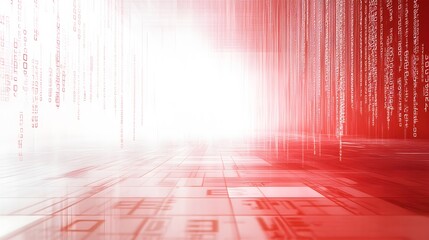 Binary code background, white and red color matrix, with lines creating a technological atmosphere