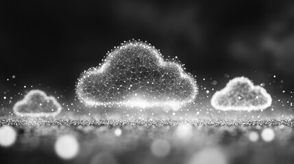 Poster - Digital representation of interconnected clouds in a monochrome landscape at twilight
