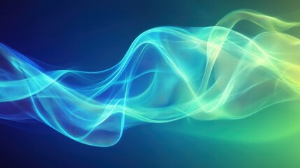 Poster - Abstract Glowing Flowing Waveforms, Dark Blue to Green Gradient Background.
