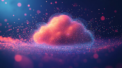 Poster - Brightly lit cloud surrounded by glowing particles in a colorful digital environment