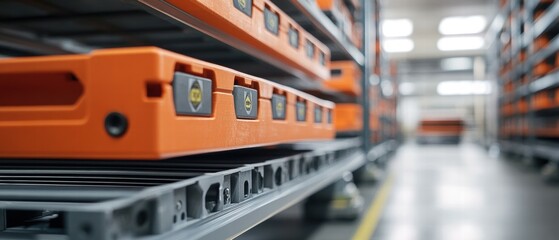 Poster - Robotic precision stacking in warehouse shelves modern facility industrial process close-up view
