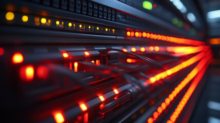 Poster - Network server with glowing lights in a data center during nighttime operations