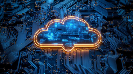 Poster - Digital cloud network on printed circuit board with glowing elements and futuristic design