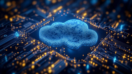 Poster - Modern digital cloud network depicted over a circuit board with glowing connections