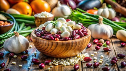 Canvas Print - Fresh White Onions and Beans - Healthy Ingredient Stock Photo