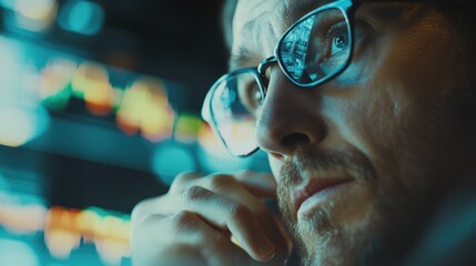 Poster - Trader analyzing economic indexes at global financial summit in modern office