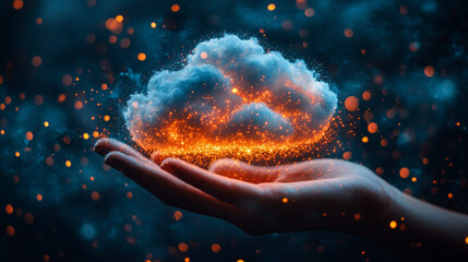 Poster - Hand holding a glowing cloud with sparks in dark surroundings during a mystical setting