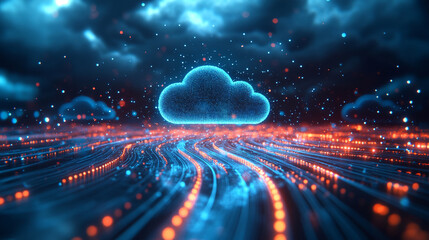 Poster - Digital cloud technology with flowing data streams in a futuristic landscape