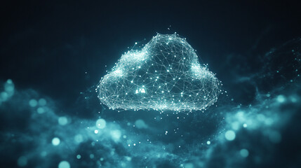 Poster - Digital cloud visualization with interconnected nodes and data patterns in blue tones
