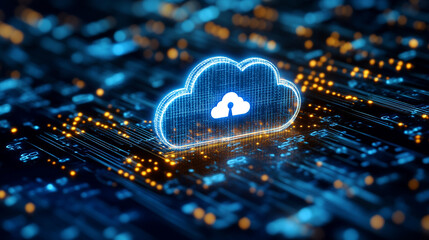 Poster - Cloud storage security with digital lock and data connections glowing in technology landscape