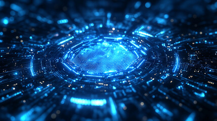 Poster - Futuristic digital landscape with glowing blue patterns and intricate connections