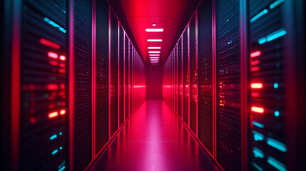 Poster - Brightly lit server corridor with colorful lights in a data center at night