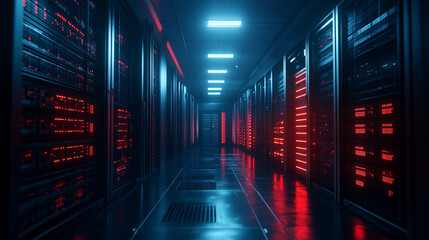 Poster - High-tech data center corridor illuminated in red and blue lighting at night