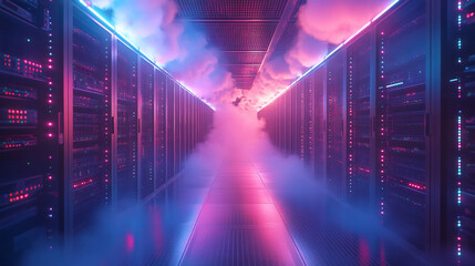 Poster - Illuminated server room filled with colorful lights and mist at dusk