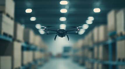 Poster - Drone hovering above pallets in logistics warehouse innovative inventory management