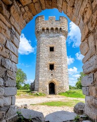 A stone tower stands tall against a blue sky, framed by an ancient archway, showcasing its historical architecture and surrounding greenery.