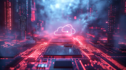 Poster - Futuristic digital landscape with glowing cloud symbol in vibrant red and blue tones