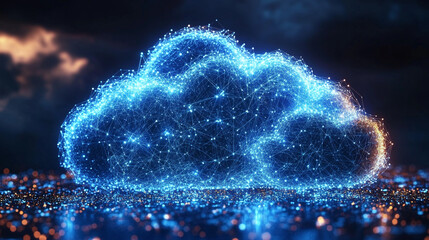 Poster - Digital cloud formation glowing with interconnected data nodes in a futuristic setting