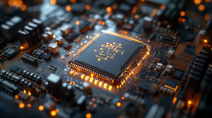 Poster - Microchip surrounded by illuminated circuitry in a high-tech setting at night
