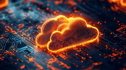 Poster - Digital cloud symbol glowing in a futuristic technology landscape at night