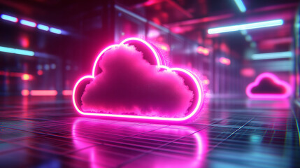 Poster - Colorful neon cloud installation illuminates modern indoor space at night