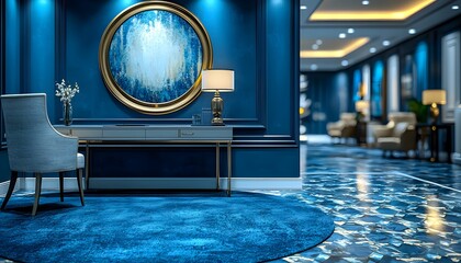 Poster - Elegant and Contemporary Interior Design Featuring Blue Accents, Stylish Furniture, and Sophisticated Artwork in a Modern Space