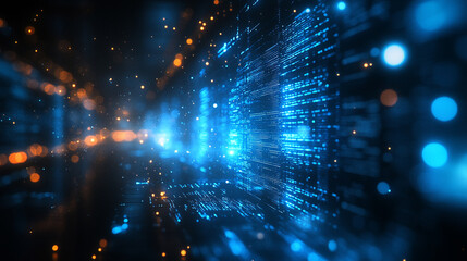 Poster - Dynamic blue and orange digital light trails in a futuristic setting at nighttime
