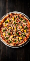 Canvas Print - Delicious mango and kiwi pizza on wooden table.