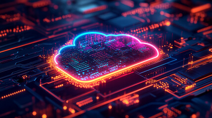 Poster - Cloud computing technology visualization with vibrant neon lights in a digital environment