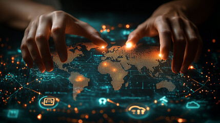 Poster - Innovative technology connects hands to a digital world map with glowing features
