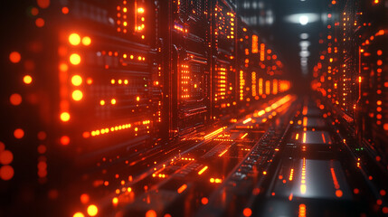 Poster - Advanced server technology with glowing lights in a dark data center environment