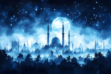 Sticker - Night Mosque Cityscape, Full Moon, Mystical Fog, Starry Sky, Ramadan