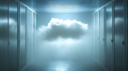 Poster - Cloud formation inside a futuristic hallway with mist in a modern facility