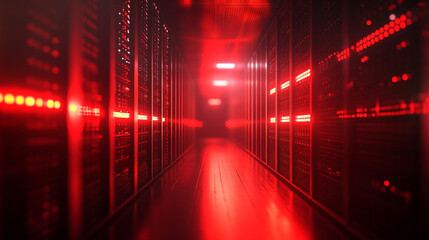 Poster - Data center corridor illuminated by red lights with rows of servers during night time