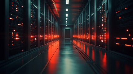 Poster - High-tech server room illuminated by red lights in a modern data center