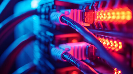 Poster - Colorful cables and lights in a network server during a tech installation