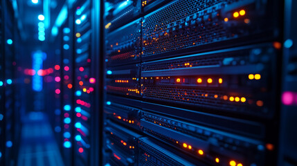 Poster - Colorful lights blink from servers in a modern data center at night