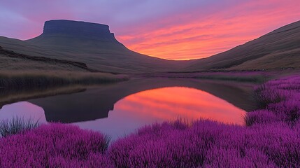 Wall Mural - Serene Mountain Reflection: A majestic mountain stands tall against a breathtaking backdrop of a vibrant sunset, its silhouette reflected perfectly in a still lake.