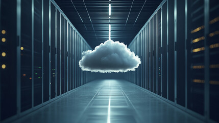 Poster - Data center with cloud formation hovering above a technology corridor at night