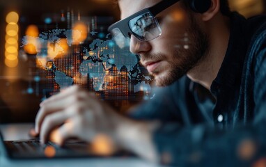 Poster - Focused young man with smart glasses analyzing digital data on laptop with world map background