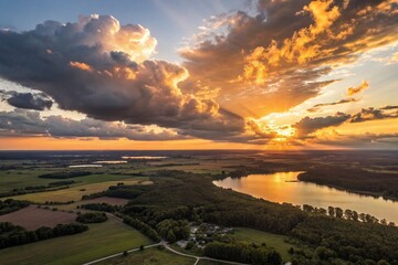 Wall Mural - Golden Hour Cumulus Clouds: Dramatic Drone Aerial View of Sunset Sky