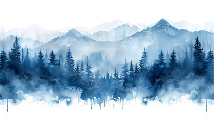 Canvas Print - forest and mountain landscapes painted with watercolors using blue as the main focus.