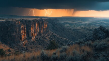 Sticker - Dramatic sunset thunderstorm over canyon landscape.