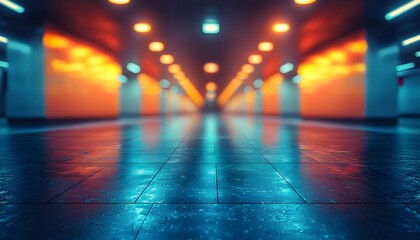Poster - Abstract Interior Scene with Vibrant Lights Creating a Futuristic Atmosphere in a Modern Underground Passageway Reflecting Calm and Serenity