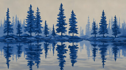 Sticker - Serene blue lake, pine trees reflecting, misty morning, nature print