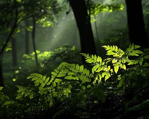 Wall Mural - Sunbeams illuminate lush green ferns in a misty forest.