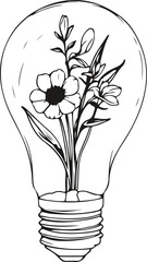 Wall Mural - Lightbulb with Flowers Black Sketch Line Drawing. Modern Simple Vector Illustration of Electricity Lamp in Linear Style. Energy and Ecology Concept Doodle Line Art Drawing