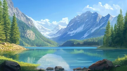 Poster - Serene mountain lake landscape with snow-capped peaks, tranquil reflections, and lush forest.