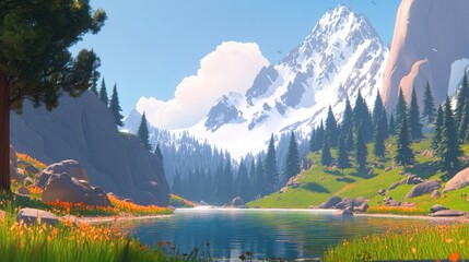 Poster - Serene mountain lake scene with vibrant flowers and snow-capped peaks. Lush green valley and calm water reflecting the sky.