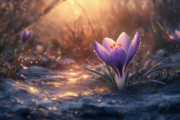 Wall Mural - Gentle lavender crocus bloom surrounded by fresh dew emerging from thawing soil under soft morning light